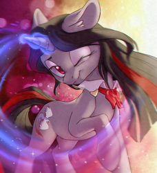 Size: 997x1092 | Tagged: safe, artist:lightning-stars, artist:ls_skylight, imported from derpibooru, oc, oc only, oc:flydry, pony, unicorn, ascot, bowtie, colored pupils, ear fluff, female, floppy ears, looking at you, magic, magic aura, mare, one eye closed, raised hoof, solo, wink