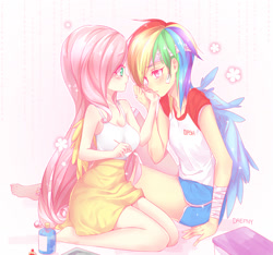 Size: 1800x1686 | Tagged: safe, artist:odaefnyo, imported from derpibooru, fluttershy, rainbow dash, human, blushing, breasts, cleavage, clothes, female, flutterdash, humanized, kneeling, lesbian, long hair, looking at each other, shipping, simple background, sitting, skirt, tanktop, white background, winged humanization