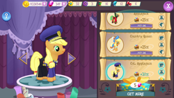 Size: 1280x720 | Tagged: safe, imported from derpibooru, applejack, colonel purple dart, mistress marevelous, ancient wonderbolts uniform, clothes, dress, gameloft, power ponies