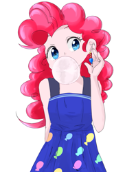 Size: 607x768 | Tagged: safe, artist:tomitake, imported from derpibooru, pinkie pie, human, equestria girls, bubblegum, clothes, cute, diapinkes, dress, ear piercing, earring, female, food, gum, humanized, jewelry, piercing, pixiv, simple background, solo, white background