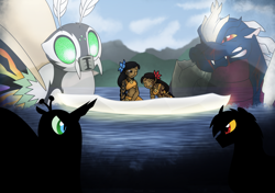 Size: 1280x900 | Tagged: safe, artist:faith-wolff, imported from derpibooru, changeling, human, kaiju pony, fanfic:the bridge, changelingified, colored sclera, crossover, female, godzilla (series), green sclera, infant island, kaiju changeling, lora, male, moll, mothra, mothra lea, ponified, shobijin, spacegodzilla, species swap, xenilla, yellow sclera