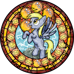 Size: 900x900 | Tagged: safe, artist:akili-amethyst, imported from derpibooru, derpy hooves, pegasus, pony, disney, dive to the heart, female, food, kingdom hearts, letter, lightning, mare, muffin, solo, stained glass, watermark