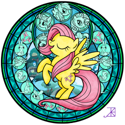 Size: 1600x1600 | Tagged: safe, artist:akili-amethyst, imported from derpibooru, applejack, fluttershy, pinkie pie, rainbow dash, rarity, twilight sparkle, disney, dive to the heart, kingdom hearts, stained glass