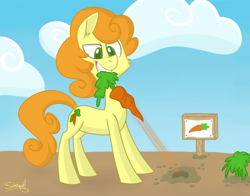 Size: 3000x2350 | Tagged: safe, artist:flourret, imported from derpibooru, carrot top, golden harvest, earth pony, pony, carrot, cheek fluff, cloud, determined, ear fluff, female, food, mare, mouth hold, outdoors, signature, sky, solo, standing