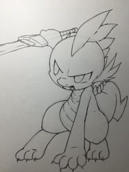 Size: 1536x2048 | Tagged: safe, artist:hashioaryut, imported from derpibooru, spike, dragon, lineart, male, solo, sword, traditional art, weapon