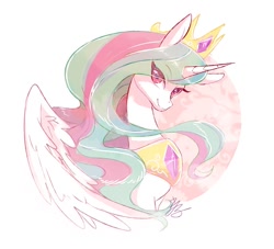 Size: 800x726 | Tagged: safe, artist:sibashen, imported from derpibooru, princess celestia, alicorn, pony, abstract background, bust, crown, cute, cutelestia, eye clipping through hair, female, jewelry, looking at you, mare, peytral, regalia, solo