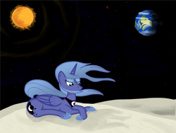 Size: 1000x750 | Tagged: safe, artist:melkekua, imported from derpibooru, princess luna, female, moon, planet, s1 luna, solo, sun