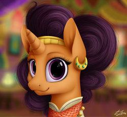 Size: 1300x1200 | Tagged: safe, artist:luminousdazzle, imported from derpibooru, saffron masala, pony, unicorn, spice up your life, bandana, chef, clothes, cute, ear piercing, female, indian, looking at you, piercing, signature, smiling, solo, the tasty treat, wavy mouth