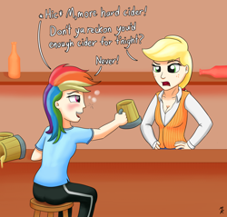 Size: 1280x1226 | Tagged: safe, artist:mkogwheel, imported from derpibooru, applejack, rainbow dash, human, bartender, breasts, cider, cider dash, cleavage, clothes, dashaholic, dress shirt, drunk, drunker dash, female, humanized, shirt, vest, waistcoat