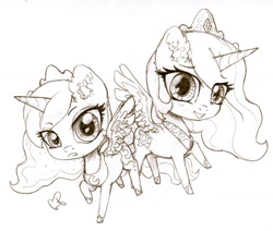 Size: 1024x869 | Tagged: safe, artist:geneticbattalion, imported from derpibooru, princess celestia, princess luna, chibi, ear fluff, grayscale, monochrome, spread wings, traditional art