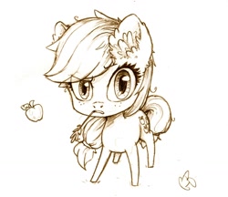 Size: 1024x884 | Tagged: safe, artist:geneticbattalion, imported from derpibooru, applejack, chibi, ear fluff, female, grayscale, monochrome, solo, straw, traditional art