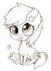 Size: 917x1286 | Tagged: safe, artist:geneticbattalion, imported from derpibooru, derpy hooves, pegasus, pony, chibi, ear fluff, female, food, grayscale, mare, monochrome, muffin, sitting, solo, tongue out, traditional art