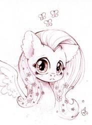 Size: 1024x1399 | Tagged: safe, artist:geneticbattalion, imported from derpibooru, fluttershy, butterfly, female, grayscale, monochrome, solo, spread wings, traditional art