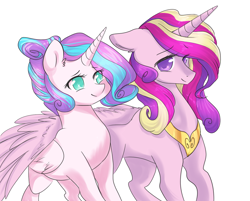 Size: 1020x820 | Tagged: safe, artist:yuyusunshine, imported from derpibooru, princess cadance, princess flurry heart, floppy ears, hug, mother and daughter, older, simple background, story in the source, winghug