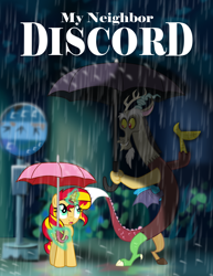 Size: 5103x6597 | Tagged: safe, artist:sonicgirl313, imported from derpibooru, discord, sunset shimmer, pony, unicorn, absurd resolution, crossover, my neighbor totoro, parody