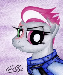 Size: 1024x1211 | Tagged: safe, artist:thechrispony, imported from derpibooru, oc, oc only, oc:hired gun, fallout equestria, fallout equestria: heroes, alternate hairstyle, crossover, fanfic art, overwatch, scar, solo, traditional art, zarya