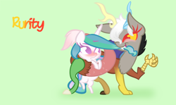 Size: 1024x611 | Tagged: safe, artist:rurity, imported from derpibooru, discord, princess celestia, celesteris, dislestia, eris, female, half r63 shipping, lesbian, male, rule 63, shipping, simple background, straight