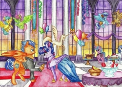 Size: 1023x727 | Tagged: safe, artist:twixyamber, imported from derpibooru, flash sentry, twilight sparkle, alicorn, pony, alternate hairstyle, clothes, dress, female, flashlight, grand galloping gala, hair bun, male, shipping, straight, traditional art, twilight sparkle (alicorn)