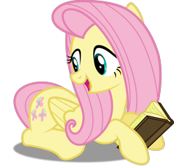 Size: 5000x4761 | Tagged: safe, artist:dashiesparkle, imported from derpibooru, fluttershy, pegasus, pony, the hooffields and mccolts, absurd resolution, book, female, folded wings, holding, inkscape, looking back, lying down, open mouth, ponyscape, simple background, solo, talking, transparent background, vector