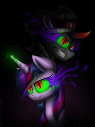 Size: 2000x2682 | Tagged: safe, artist:moonlightfl, imported from derpibooru, king sombra, twilight sparkle, bust, corrupted, dark magic, duo, magic, series finale, sombra eyes, twilight is anakin