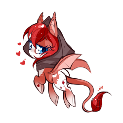 Size: 1024x1029 | Tagged: safe, artist:ipun, imported from derpibooru, oc, oc only, oc:blood thirst, bat pony, pony, blushing, female, heart, heart eyes, hood, mare, simple background, solo, underhoof, white background, wingding eyes