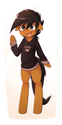 Size: 800x1600 | Tagged: safe, artist:hoodie, imported from derpibooru, oc, oc only, oc:cocoa mocha, oc:puppy, pony, semi-anthro, bipedal, clothes, floppy ears, hoodie, simple background, solo, waving