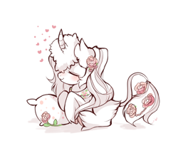 Size: 1200x1033 | Tagged: safe, artist:ipun, imported from derpibooru, oc, oc only, pony, unicorn, blushing, curved horn, eyes closed, female, flower, flower in hair, heart, mare, pillow, simple background, solo, white background