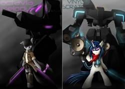 Size: 1280x905 | Tagged: safe, artist:firenze, imported from derpibooru, dj pon-3, octavia melody, vinyl scratch, earth pony, pony, unicorn, bipedal, bowtie, clothes, female, hooves, horn, mare, mecha, smiling, sunglasses, sword, text, weapon