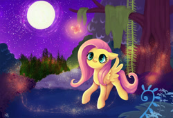 Size: 1700x1164 | Tagged: safe, artist:trefleix, imported from derpibooru, fluttershy, butterfly, everfree forest, female, moon, solo, tree