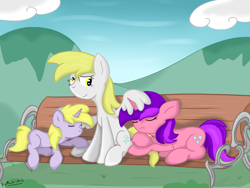 Size: 4000x3000 | Tagged: safe, artist:bigmackintosh, imported from derpibooru, amethyst star, derpy hooves, dinky hooves, sparkler, pegasus, pony, bench, equestria's best mother, female, mare, park, sleeping