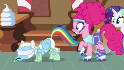 Size: 704x396 | Tagged: safe, imported from derpibooru, screencap, pinkie pie, rainbow dash, rarity, pony, scare master, astrodash, blindfold, clothes, costume, cropped, eyes on the prize, looking at butt, nightmare night, nightmare night costume, out of context, pinkie puffs