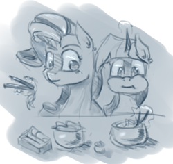 Size: 901x852 | Tagged: safe, artist:post-it, imported from derpibooru, rarity, twilight sparkle, chopsticks, eating, food, monochrome, noodles, ramen, rarity looking at food, sketch, sushi