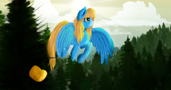 Size: 3508x1858 | Tagged: safe, artist:aria-winter54, imported from derpibooru, oc, oc only, oc:pumpkin cloud, pegasus, pony, gift art, scenery, solo