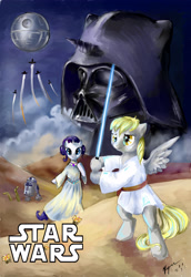 Size: 3100x4500 | Tagged: safe, artist:unnameluna, imported from derpibooru, derpy hooves, rarity, pegasus, pony, c-3po, crossover, darth vader, death star, female, food, luke skywalker, mare, muffin, princess leia, r2-d2, star wars