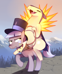 Size: 1280x1536 | Tagged: safe, artist:karzahnii, imported from derpibooru, caesar, count caesar, earth pony, pony, typhlosion, crossover, duo, hat, male, monocle, mountain, pokémon, pokémon riding ponies, reins, riding, stallion, top hat, unamused, wat