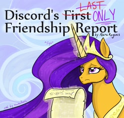 Size: 3450x3300 | Tagged: safe, artist:zabchan, imported from derpibooru, discord, princess celestia, alternate color palette, cover art, eyeroll, fanfic, fanfic art, female, food, friendship report, glowing horn, hidden discord, orange, palette swap, purple, purple mane, recolor, scroll, sigh, solo, title card