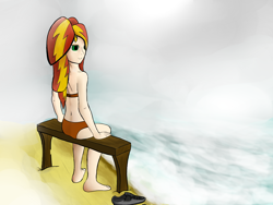 Size: 2000x1500 | Tagged: safe, artist:minosua, imported from derpibooru, sunset shimmer, human, beach, bench, clothes, fog, humanized, ocean, panties, underwear