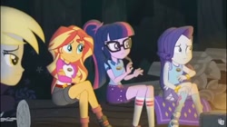Size: 1284x719 | Tagged: safe, imported from derpibooru, screencap, derpy hooves, rarity, sci-twi, sunset shimmer, twilight sparkle, equestria girls, legend of everfree, camp everfree outfits, female, glasses, ponytail