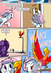 Size: 1280x1853 | Tagged: safe, artist:shieltar, imported from derpibooru, philomena, princess celestia, alicorn, phoenix, pony, comic:birth of equestria, bs1363, cewestia, charging, comic, cute, dialogue, electricity, filly, pink-mane celestia, plug, recharging, uk plug, zzz