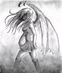 Size: 1698x1999 | Tagged: safe, artist:cross_ornstein, imported from derpibooru, fluttershy, bat pony, equestria girls, badass, darkness, flutterbadass, flutterbat, humanized, race swap, rain, traditional art