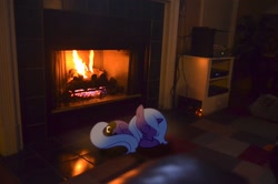 Size: 2464x1632 | Tagged: safe, artist:oppositebros, imported from derpibooru, princess luna, female, filly, fireplace, irl, photo, ponies in real life, s1 luna, sleeping, solo, woona