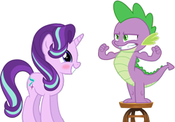 Size: 5751x4021 | Tagged: source needed, safe, artist:masem, artist:osipush, imported from derpibooru, spike, starlight glimmer, absurd resolution, blushing, female, flexing, gritted teeth, looking good spike, male, muscles, shipping, simple background, sparlight, stool, straight, transparent background, vector