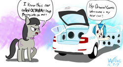 Size: 5500x3000 | Tagged: safe, artist:linlaifeng, imported from derpibooru, dj pon-3, octavia melody, vinyl scratch, earth pony, pony, unicorn, angry, bowtie, car, duo, female, mare, namesake, open mouth, pun, skoda, skoda octavia, speaker, speech bubble, waving