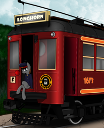 Size: 1610x1976 | Tagged: safe, artist:subway777, imported from derpibooru, oc, oc only, earth pony, pony, clothes, conductor, crossed legs, sitting, train, tram, trolley
