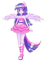 Size: 1024x1364 | Tagged: safe, artist:riouku, imported from derpibooru, twilight sparkle, equestria girls, blushing, boots, clothes, cute, dress, fall formal outfits, female, high heel boots, ponied up, ponytail, simple background, sleeveless, solo, sparkles, strapless, transparent background, twilight ball dress, twilight sparkle (alicorn), wings