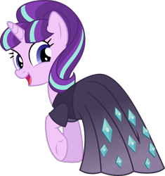 Size: 5539x5901 | Tagged: safe, artist:chrzanek97, imported from derpibooru, starlight glimmer, pony, unicorn, .svg available, absurd resolution, clothes, dress, female, looking at you, looking back, open mouth, raised hoof, s5 starlight, simple background, smiling, solo, transparent background, underhoof, vector