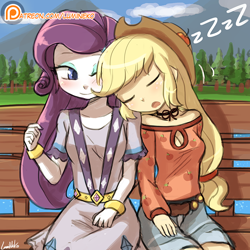 Size: 750x750 | Tagged: safe, artist:lumineko, imported from derpibooru, applejack, rarity, equestria girls, legend of everfree, bench, boob window, bracelet, camp fashion show outfit, clothes, cowboy hat, cute, female, freckles, hat, jackabetes, lesbian, one eye closed, rarijack, shipping, shorts, signature, sitting, sleeping, stetson, zzz