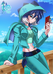 Size: 1600x2222 | Tagged: safe, artist:mauroz, imported from derpibooru, princess ember, spike, human, bedroom eyes, belly button, belt, breasts, busty princess ember, cellphone, clothes, eyeshadow, female, freckles, hoodie, humanized, keychain, leaning, lidded eyes, looking at you, makeup, midriff, my little pony logo, phone, smartphone, solo, wide hips