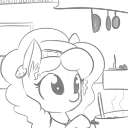 Size: 864x864 | Tagged: safe, artist:tjpones, imported from derpibooru, saffron masala, spice up your life, cooking, cute, female, missing horn, monochrome, saffronbetes, sketch, smiling, solo