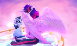 Size: 1250x750 | Tagged: safe, artist:aidapone, imported from derpibooru, twilight sparkle, oc, oc:dusk shimmer, alicorn, pony, mother and son, offspring, parent:twilight sparkle, twilight sparkle (alicorn)